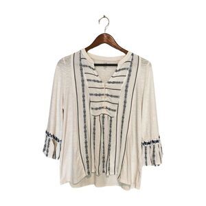 White Blue Emb J Jill M Crop Sleeve Mixed Media Henley Blouse Top